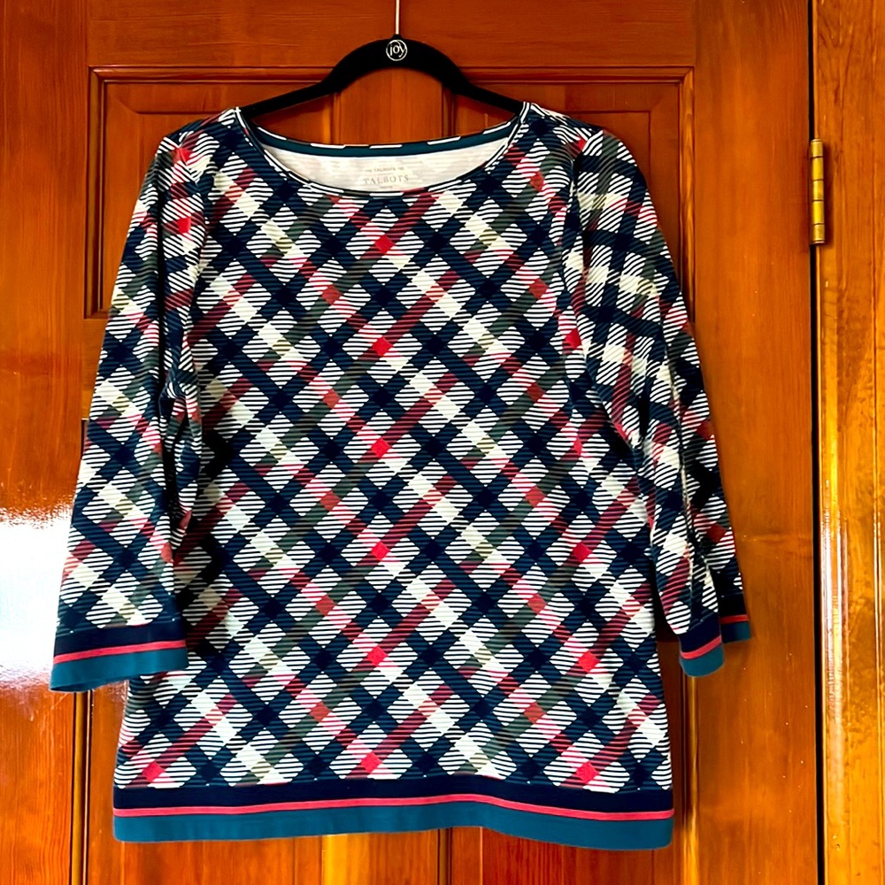 Talbots XLP Three-Quarter Sleeve Teal/Blue Plaid Tee